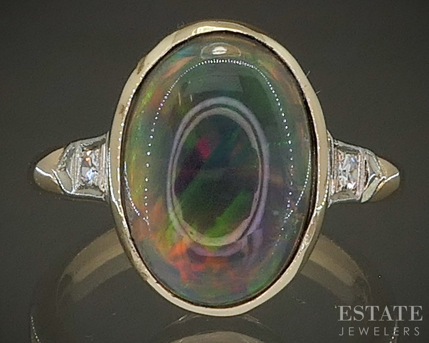Vintage 14k Yellow Gold Natural Smoked Ethiopian Opal & Diamond Ring 4.4g p26487