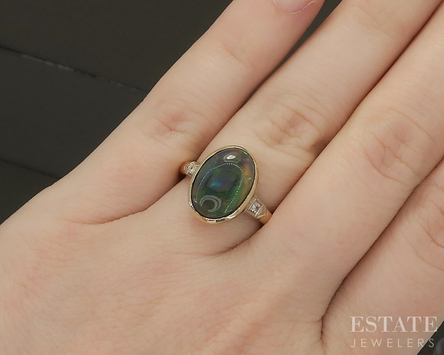 Vintage 14k Yellow Gold Natural Smoked Ethiopian Opal & Diamond Ring 4.4g p26487