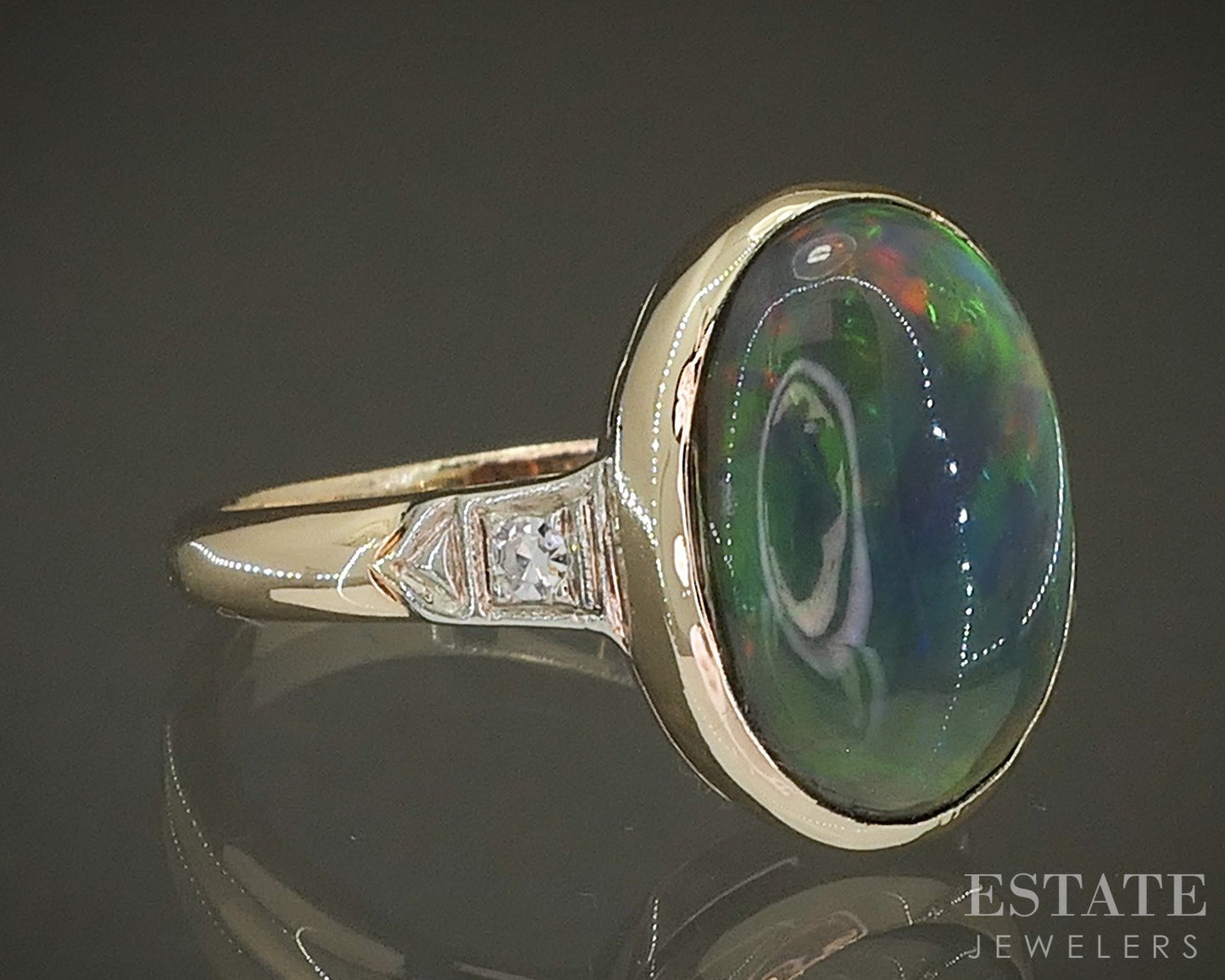 Vintage 14k Yellow Gold Natural Smoked Ethiopian Opal & Diamond Ring 4.4g p26487