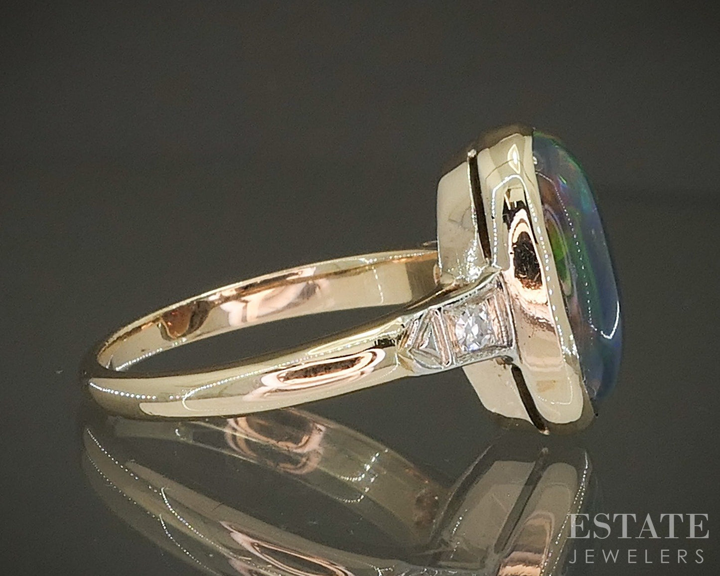Vintage 14k Yellow Gold Natural Smoked Ethiopian Opal & Diamond Ring 4.4g p26487