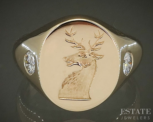 Vintage 14k Yellow Gold Natural Diamond Mens Buck Signet Ring 16g p27995