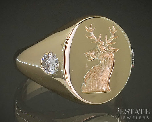Vintage 14k Yellow Gold Natural Diamond Mens Buck Signet Ring 16g p27995
