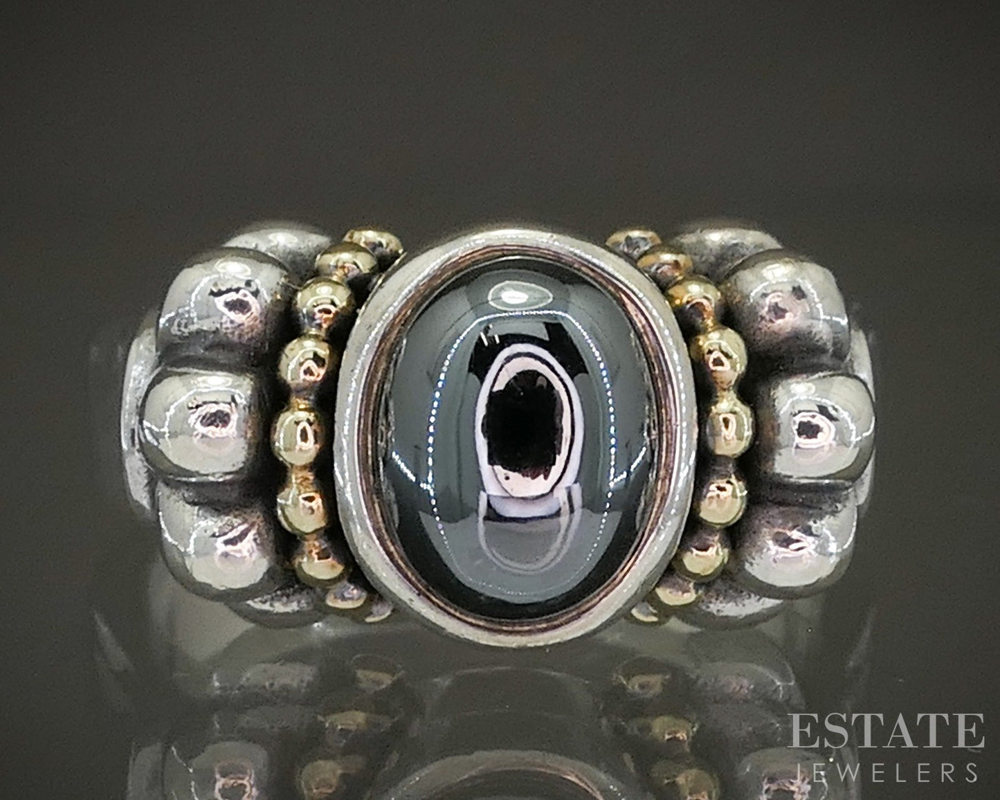 18k & Sterling Lagos Caviar Natural Hematite Ladies Ring 8.5g p27824