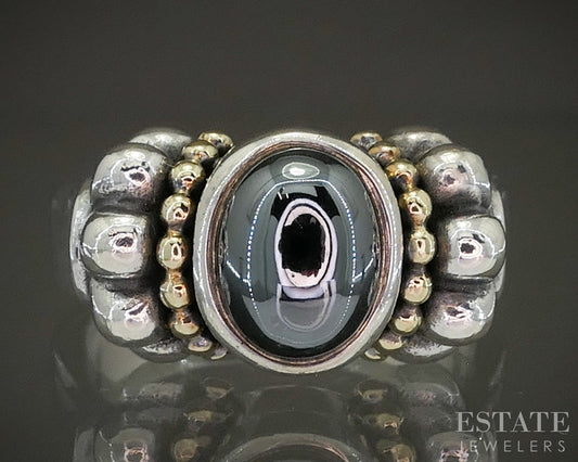 18k & Sterling Lagos Caviar Natural Hematite Ladies Ring 8.5g p27824