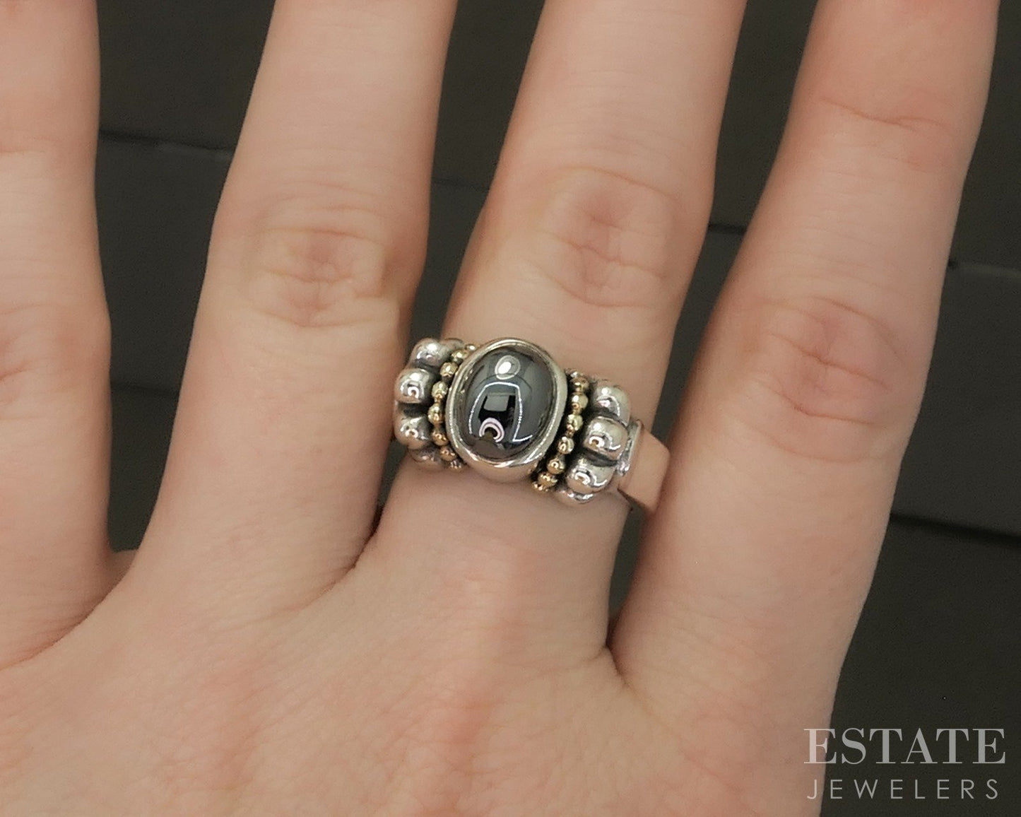 18k & Sterling Lagos Caviar Natural Hematite Ladies Ring 8.5g p27824