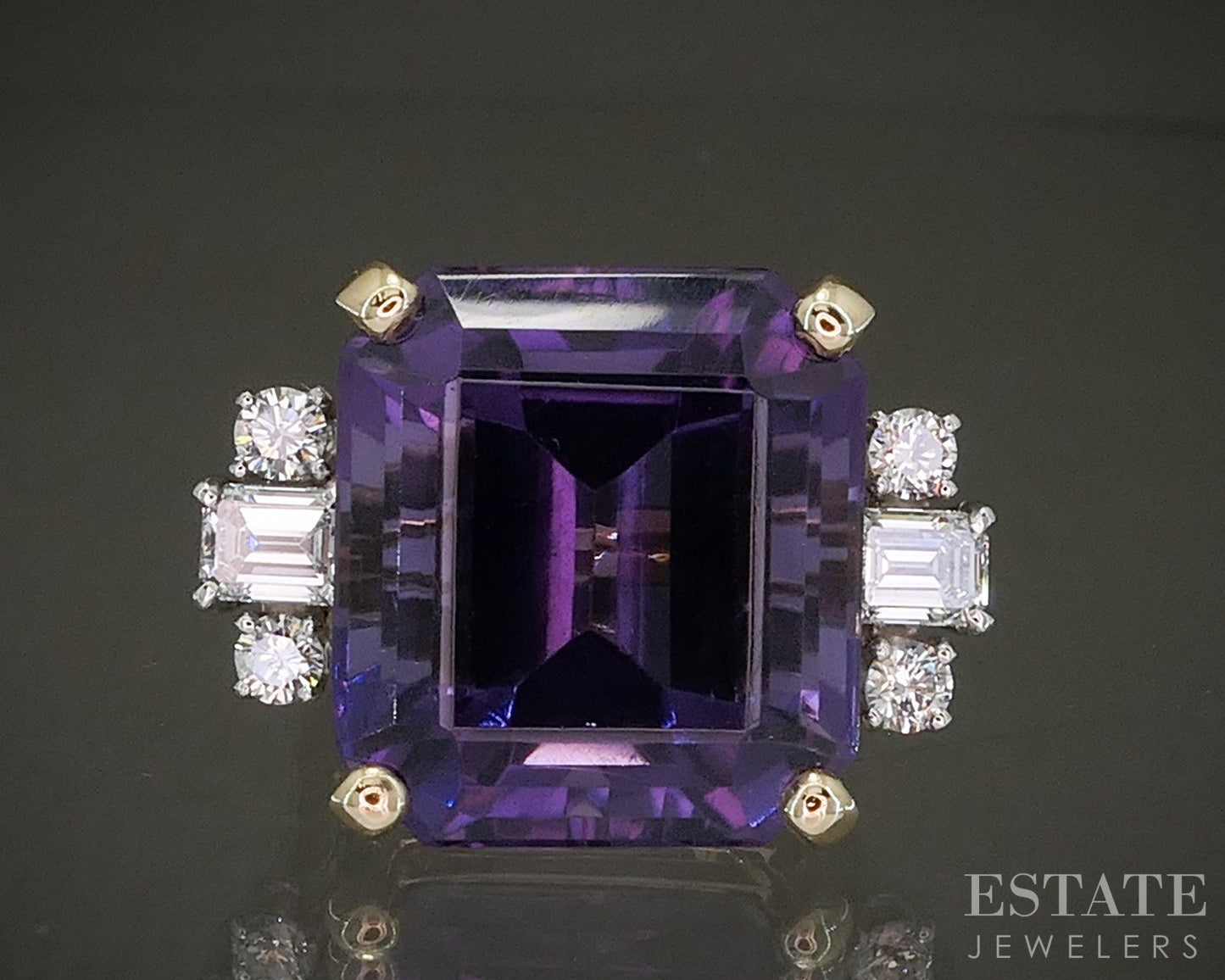 14k Yellow Gold 24ct Natural Amethyst & Diamond Cocktail Ring 14.2g p24584