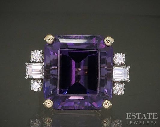 14k Yellow Gold 24ct Natural Amethyst & Diamond Cocktail Ring 14.2g p24584