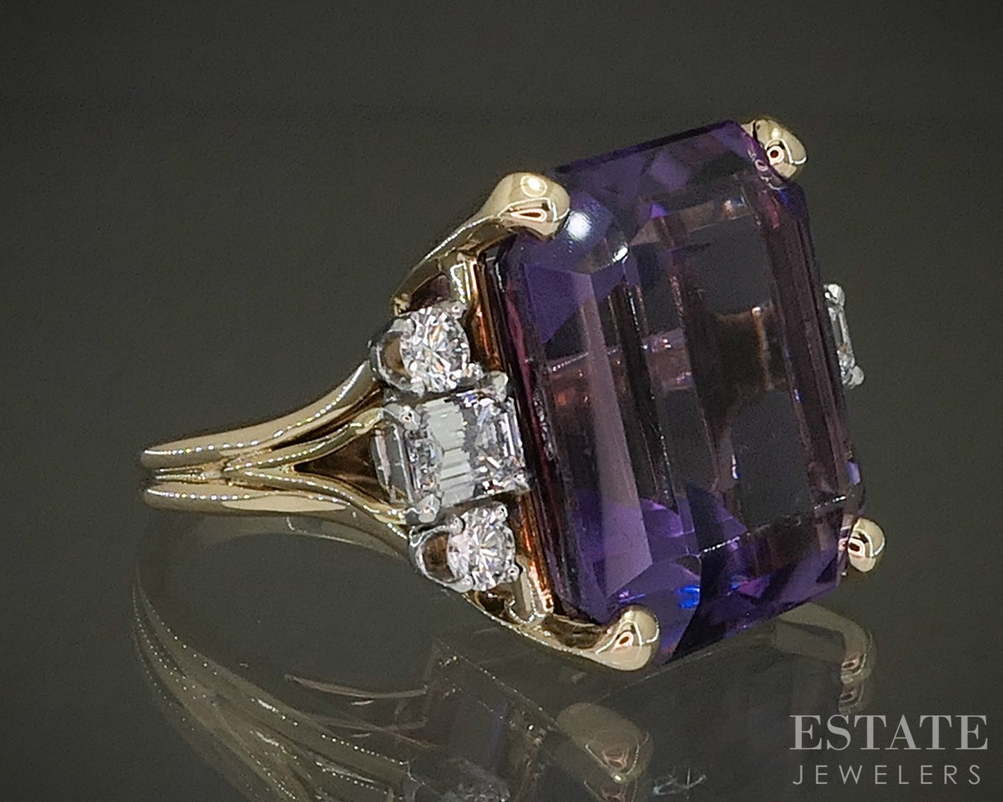 14k Yellow Gold 24ct Natural Amethyst & Diamond Cocktail Ring 14.2g p24584