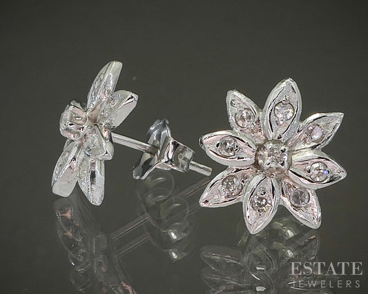 10k White Gold Natural Diamond Flower Stud Earrings 2.0g p27537b