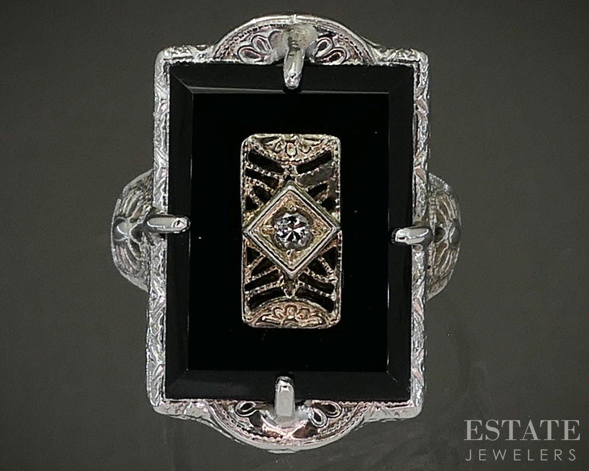 Antique 14k White Gold Natural Black Onyx & Diamond Filigree Ring 4.9g p27679b