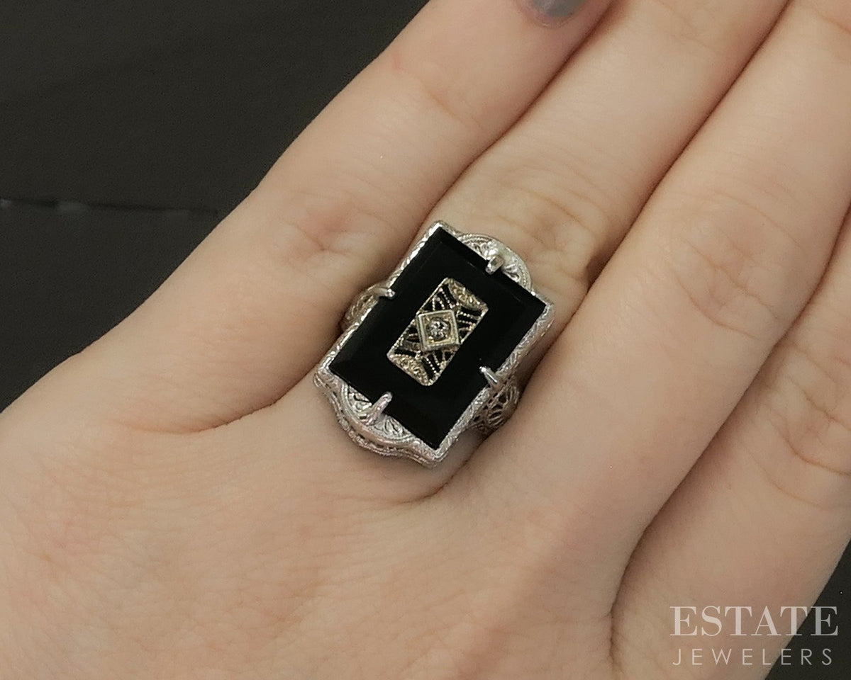Antique 14k White Gold Natural Black Onyx & Diamond Filigree Ring 4.9g p27679b