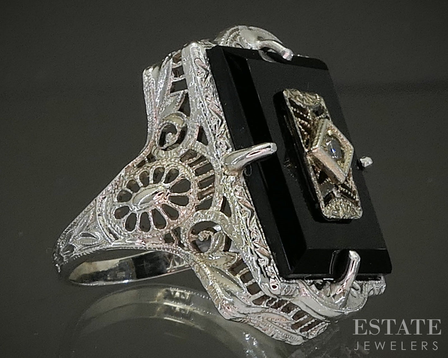 Antique 14k White Gold Natural Black Onyx & Diamond Filigree Ring 4.9g p27679b