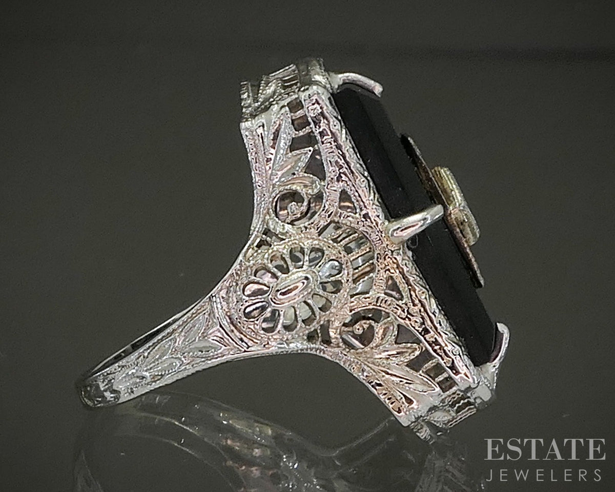 Antique 14k White Gold Natural Black Onyx & Diamond Filigree Ring 4.9g p27679b
