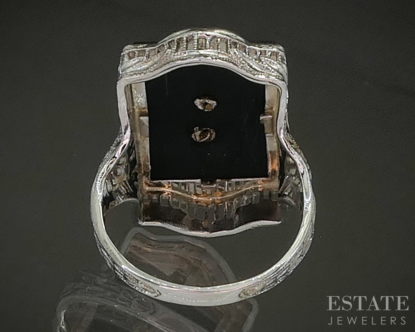 Antique 14k White Gold Natural Black Onyx & Diamond Filigree Ring 4.9g p27679b