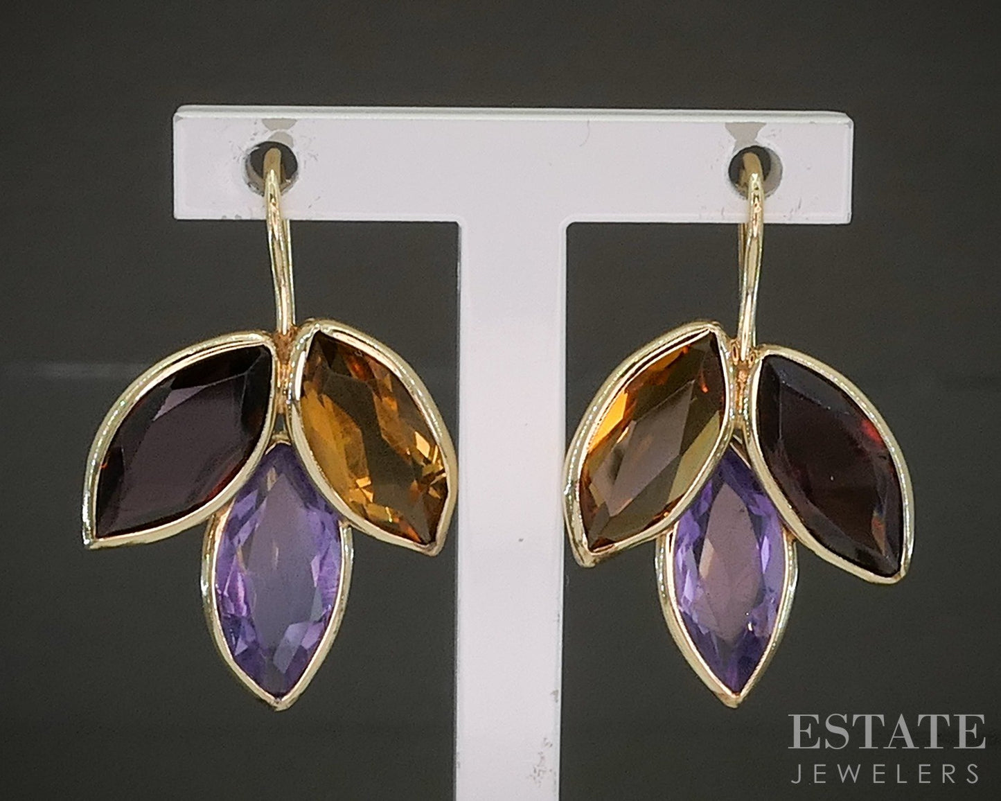 10k Yellow Gold Rhodolite Garnet Amethyst Citrine Dangle Earrings 3.3g p27920b
