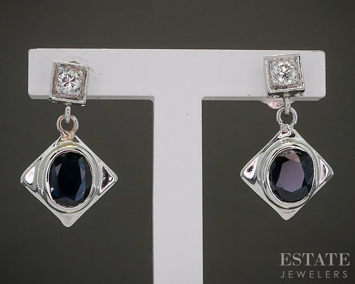 18k & Platinum Natural Blue Sapphire & Diamond Dangle Earrings 3.1g p27326b
