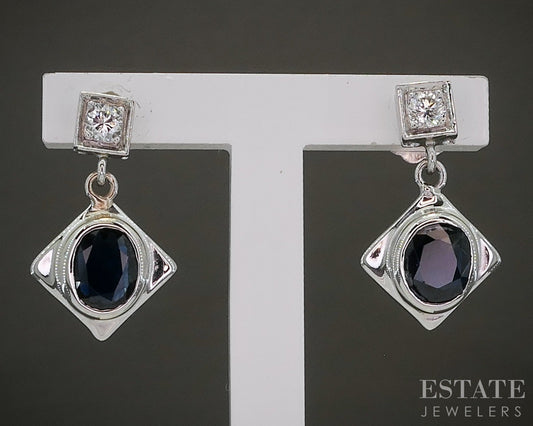 18k & Platinum Natural Blue Sapphire & Diamond Dangle Earrings 3.1g p27326b