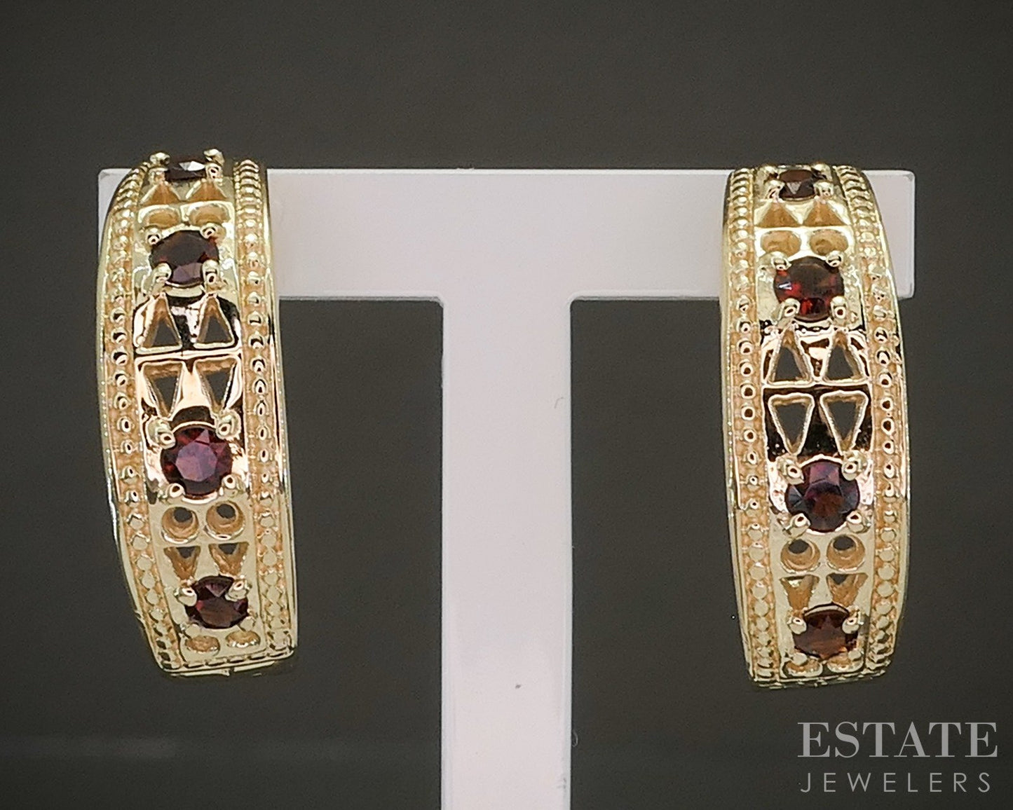 14k Yellow Gold Natural Garnet Half Hoop Ladies Earrings 7.1g p27087b