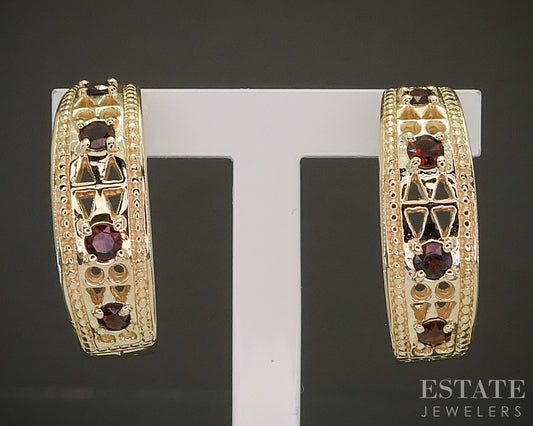 14k Yellow Gold Natural Garnet Half Hoop Ladies Earrings 7.1g p27087b