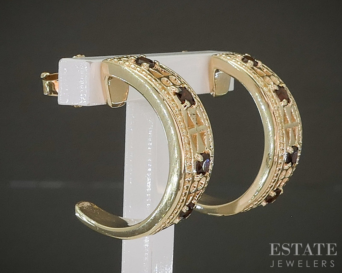 14k Yellow Gold Natural Garnet Half Hoop Ladies Earrings 7.1g p27087b