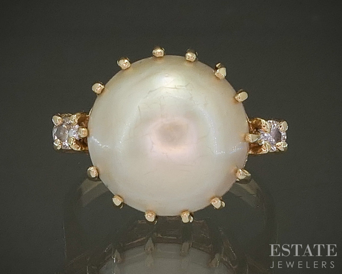 14k Yellow Gold 12mm Mabe Pearl & Diamond Ladies Ring 4.6g p27776b