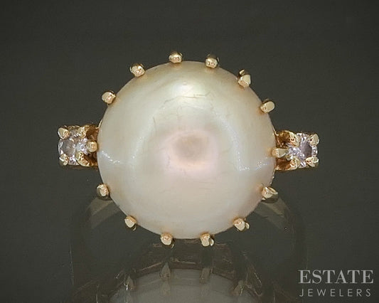 14k Yellow Gold 12mm Mabe Pearl & Diamond Ladies Ring 4.6g p27776b