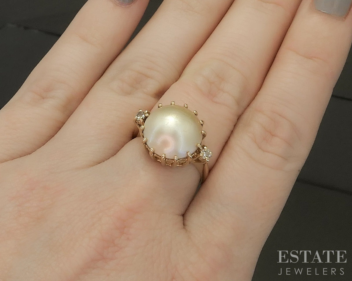 14k Yellow Gold 12mm Mabe Pearl & Diamond Ladies Ring 4.6g p27776b