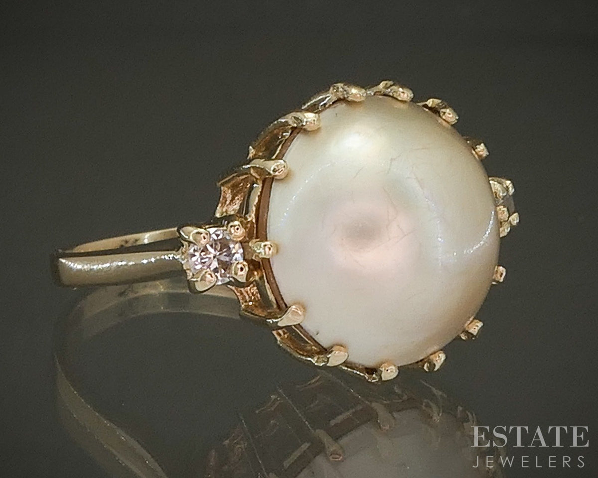 14k Yellow Gold 12mm Mabe Pearl & Diamond Ladies Ring 4.6g p27776b