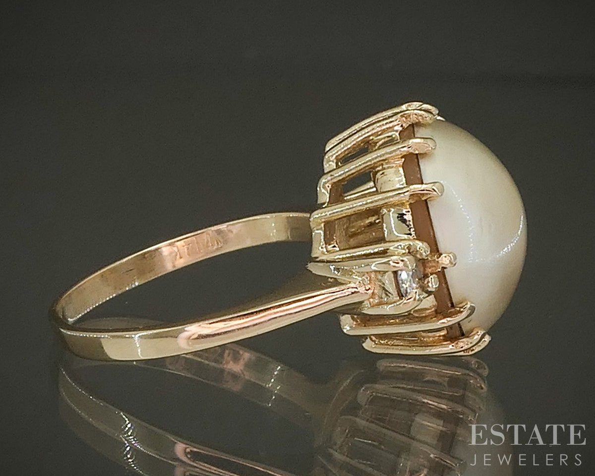 14k Yellow Gold 12mm Mabe Pearl & Diamond Ladies Ring 4.6g p27776b
