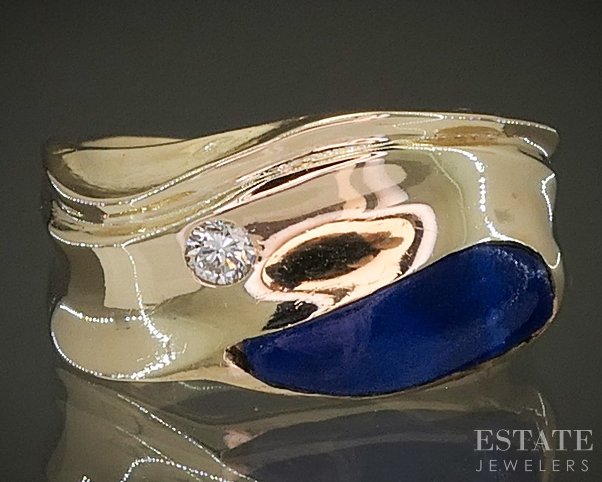 14k Yellow Gold Natural Lapis & Diamond Modernist Band Ring 6.8g p27667b