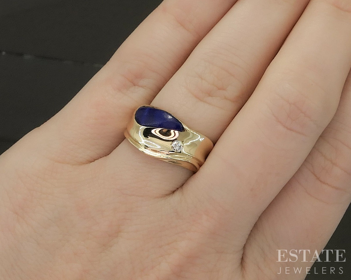14k Yellow Gold Natural Lapis & Diamond Modernist Band Ring 6.8g p27667b