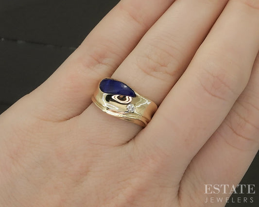 14k Yellow Gold Natural Lapis & Diamond Modernist Band Ring 6.8g p27667b