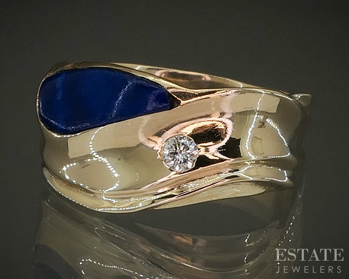 14k Yellow Gold Natural Lapis & Diamond Modernist Band Ring 6.8g p27667b