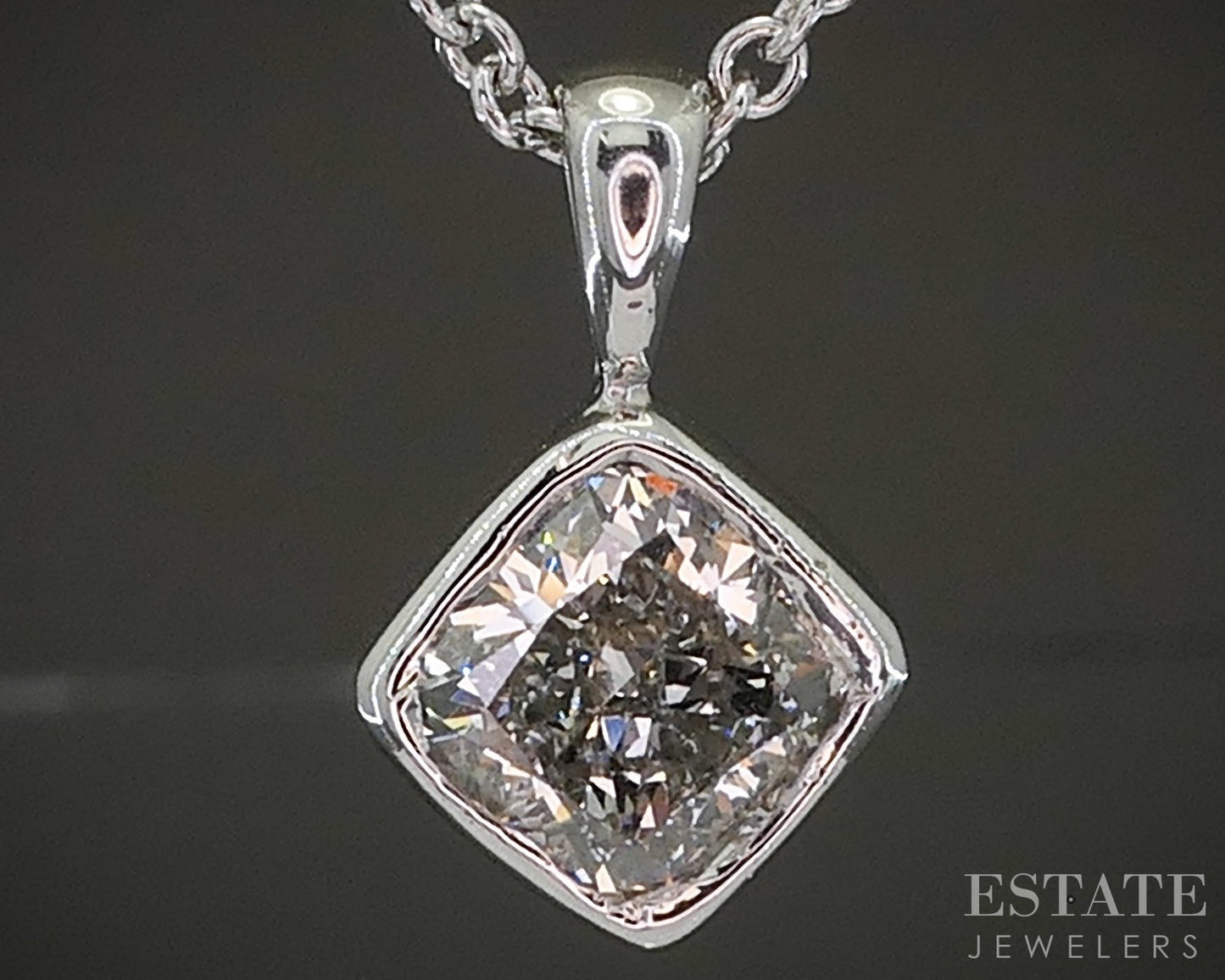 14k White Gold Cushion Lab Created 1.7ct Diamond Solitaire Necklace 18"L p27691b