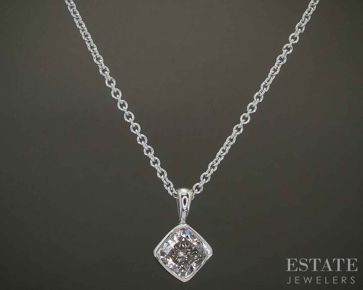 14k White Gold Cushion Lab Created 1.7ct Diamond Solitaire Necklace 18"L p27691b