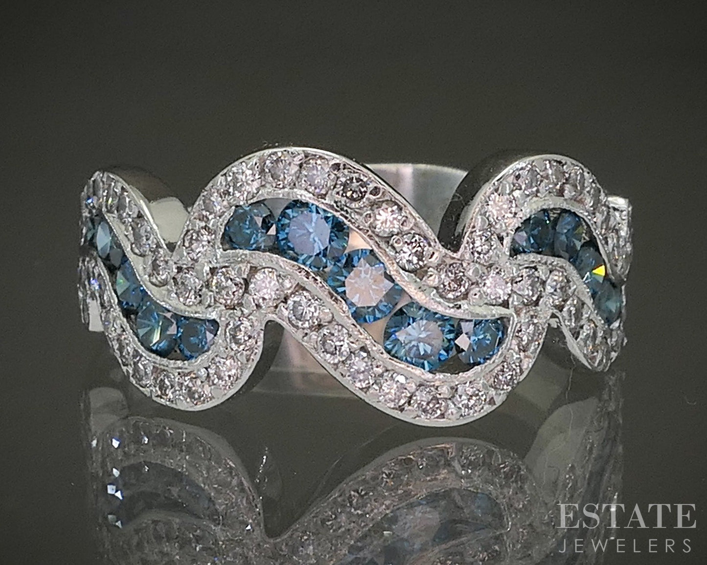 14k White Gold Natural 1.50ctw Blue & White Diamond Ladies Ring 6.8g p27884b