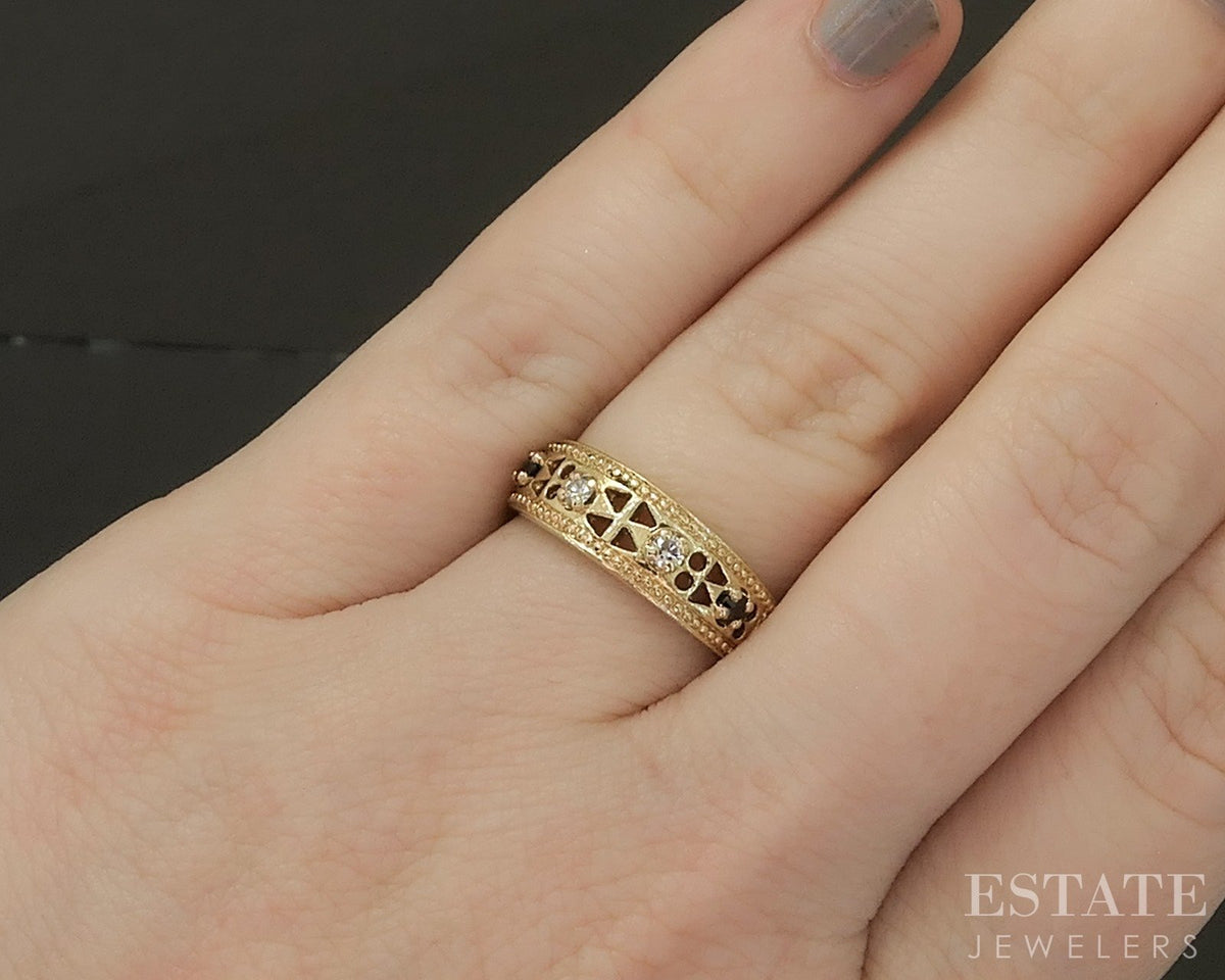 14k Yellow Gold Natural Garnet & Diamond Ladies Band Ring 3.2g p27086b