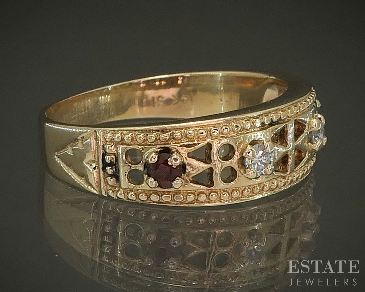 14k Yellow Gold Natural Garnet & Diamond Ladies Band Ring 3.2g p27086b