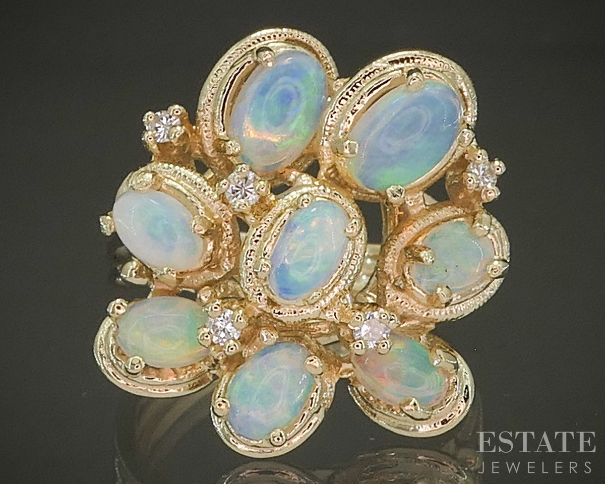 Vintage 14k Yellow Gold Oval Natural Opal & Diamond Cocktail Ring 8.1g p27678b