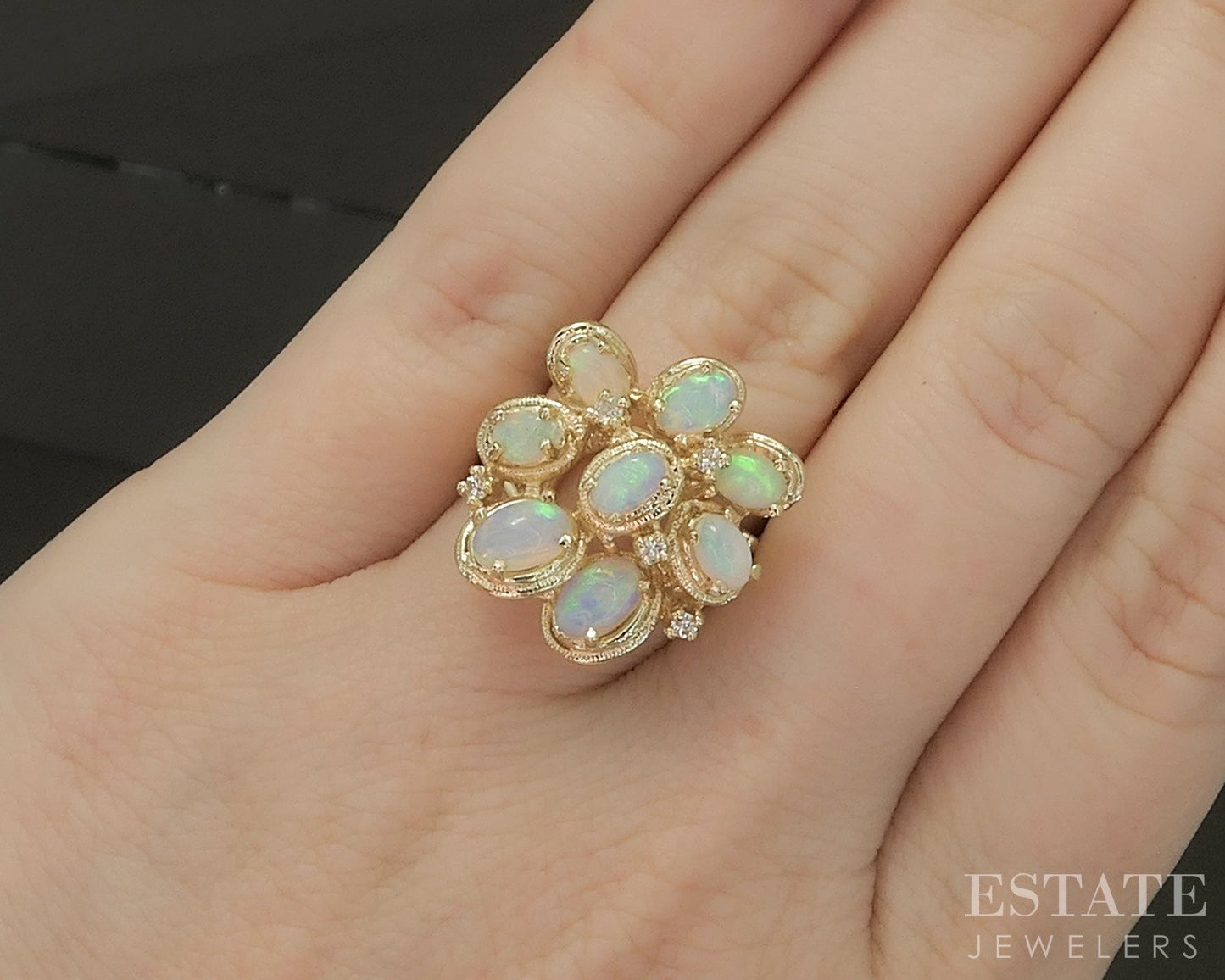 Vintage 14k Yellow Gold Oval Natural Opal & Diamond Cocktail Ring 8.1g p27678b