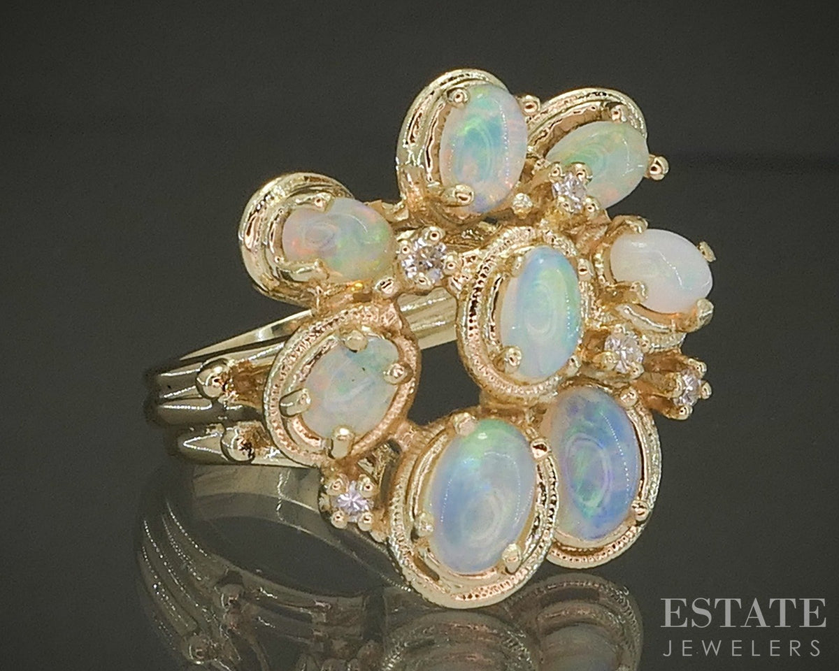Vintage 14k Yellow Gold Oval Natural Opal & Diamond Cocktail Ring 8.1g p27678b