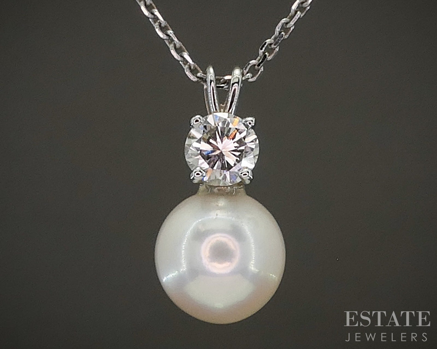 14k White Gold 7.3mm Akoya Pearl & Diamond Ladies Necklace 2.8g 20"L p27455b