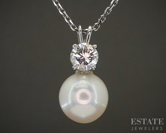 14k White Gold 7.3mm Akoya Pearl & Diamond Ladies Necklace 2.8g 20"L p27455b