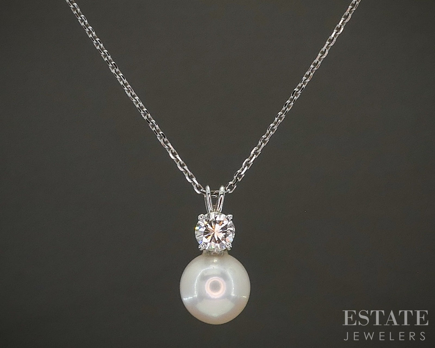 14k White Gold 7.3mm Akoya Pearl & Diamond Ladies Necklace 2.8g 20"L p27455b
