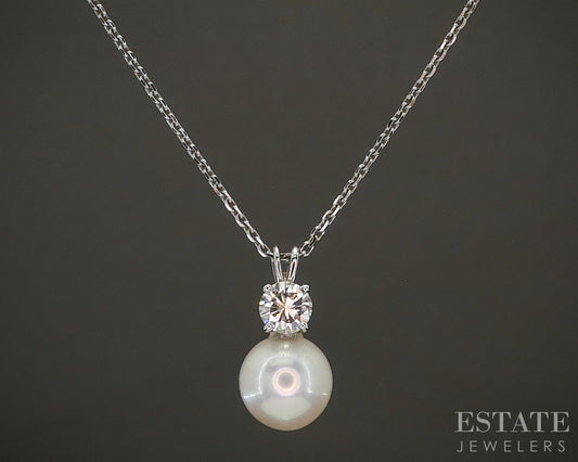 14k White Gold 7.3mm Akoya Pearl & Diamond Ladies Necklace 2.8g 20"L p27455b
