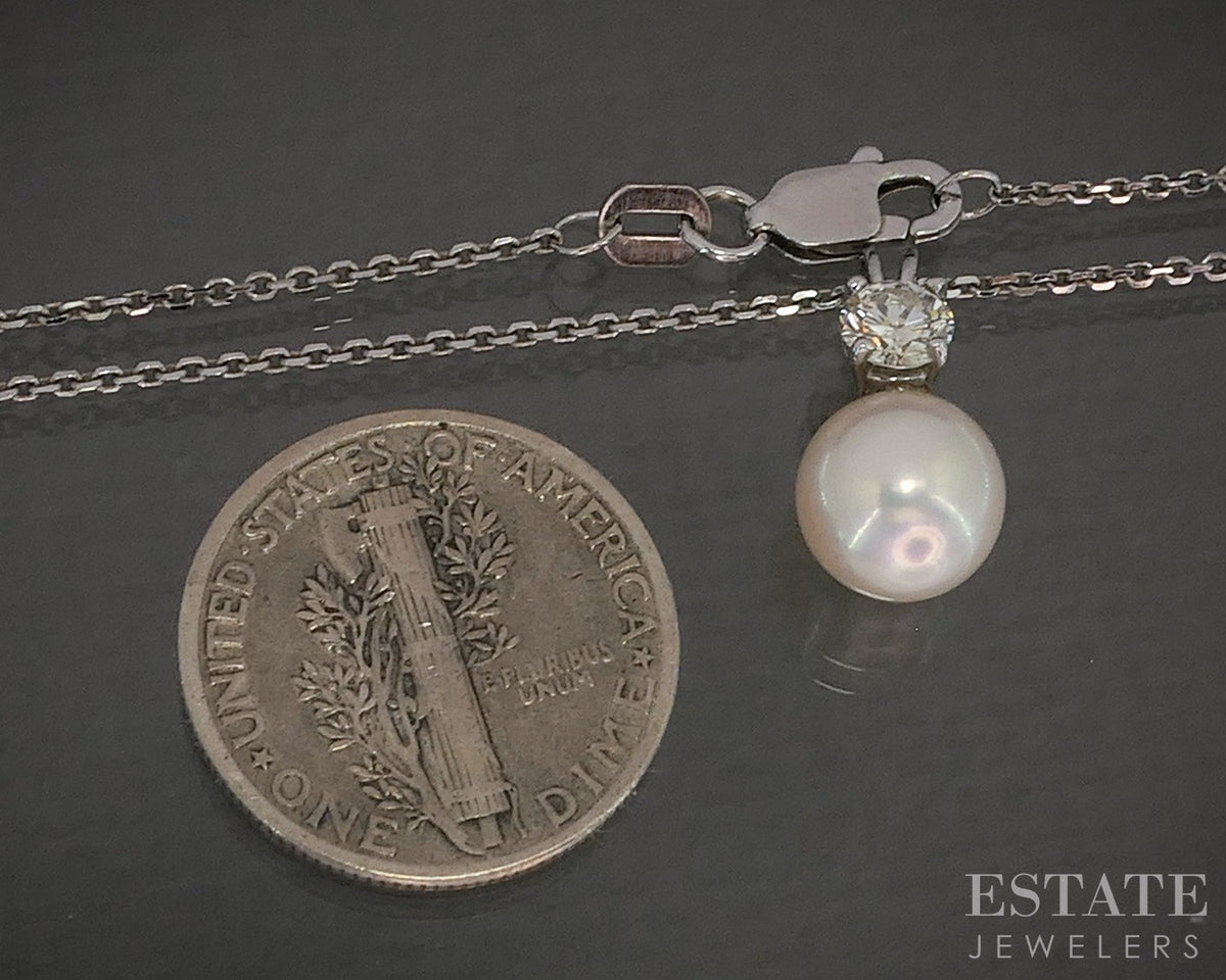14k White Gold 7.3mm Akoya Pearl & Diamond Ladies Necklace 2.8g 20"L p27455b