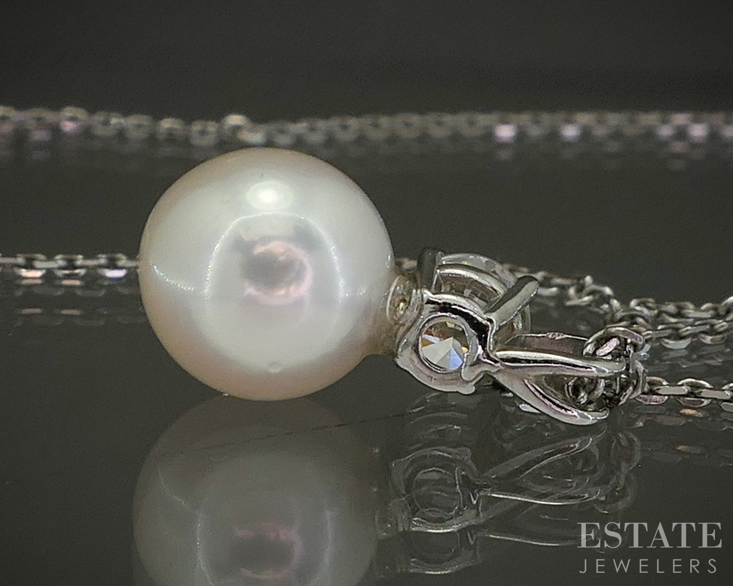 14k White Gold 7.3mm Akoya Pearl & Diamond Ladies Necklace 2.8g 20"L p27455b
