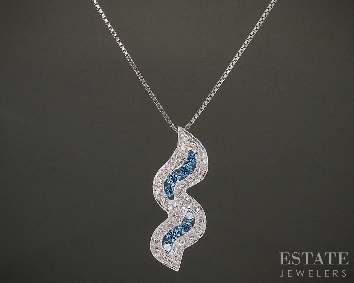 14k White Gold Natural .35ctw Blue & White Diamond Ladies Necklace 5.6g p27885b