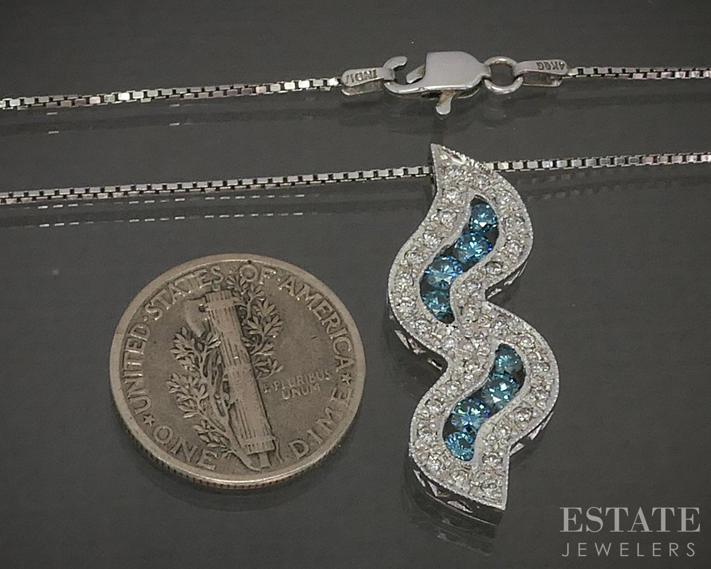14k White Gold Natural .35ctw Blue & White Diamond Ladies Necklace 5.6g p27885b