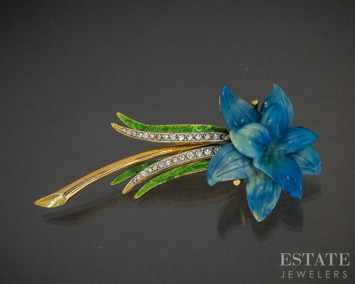 Vintage Hattie Carnegie Art Glass & Rhinestone Flower Pin Brooch p29560